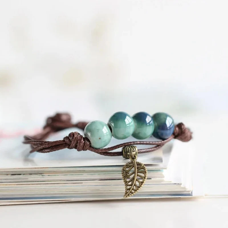 Vintage Leaf Charm Ceramic Beads Cord Bracelet Women Handmade Knotted Bohemia Bracelet Red Yellow Multi Color Beaded Bracelet