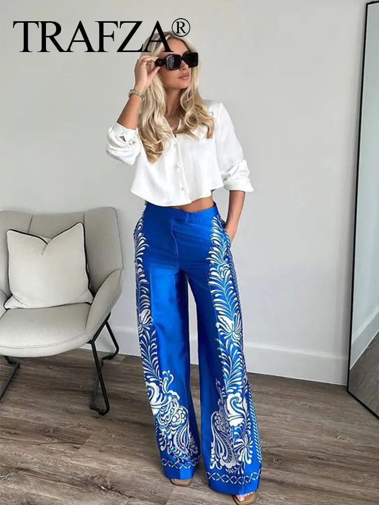 TRAFZA 2024 Women Trouser Suits Chic Floral Print Lapel Long Sleeves Shirt Top + Vintage Loose Woman Straight Wide Leg Long Pant