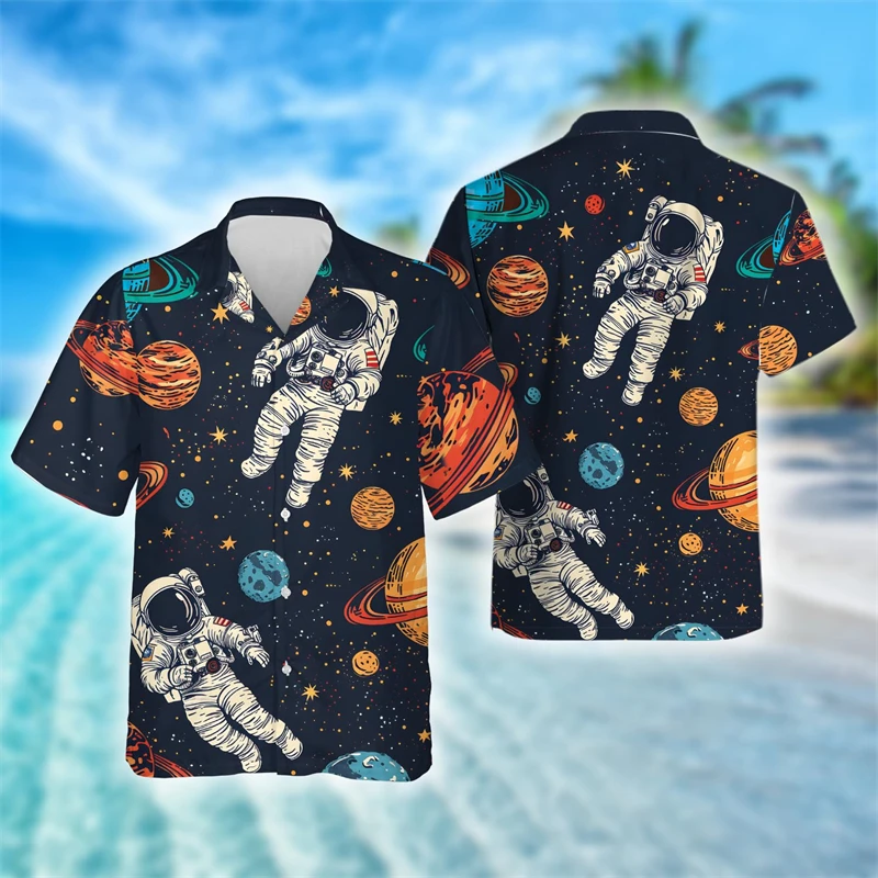 

Cartoon Graffiti Art Astronaut 3D Printed Lapel Blouse Beautiful Planet Short Sleeve Shirts For Men Clothes Y2k Stars Women Tops