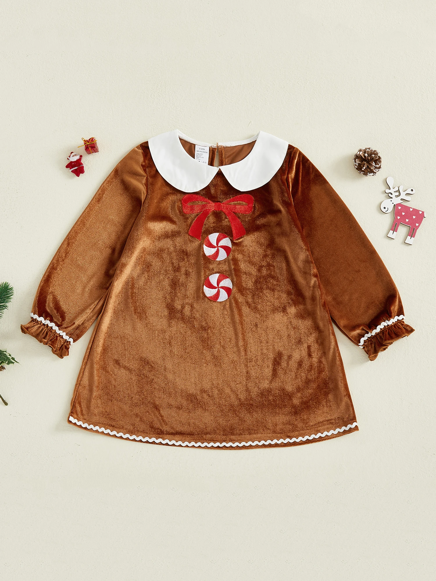 

Рождественское платье для маленьких девочек с вышивкой Санта-Клауса и рюшами на рукавах. Бархатное платье трапециевидной формы с воротником Питера Пэна.