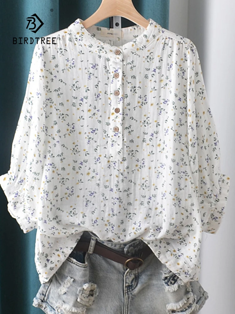 New Spring Cotton Yarn Versatile Shirt Women Stand Collar Tops Girl Short Sleeve Printed Literature Blouse 2024 Autumn T43501QC