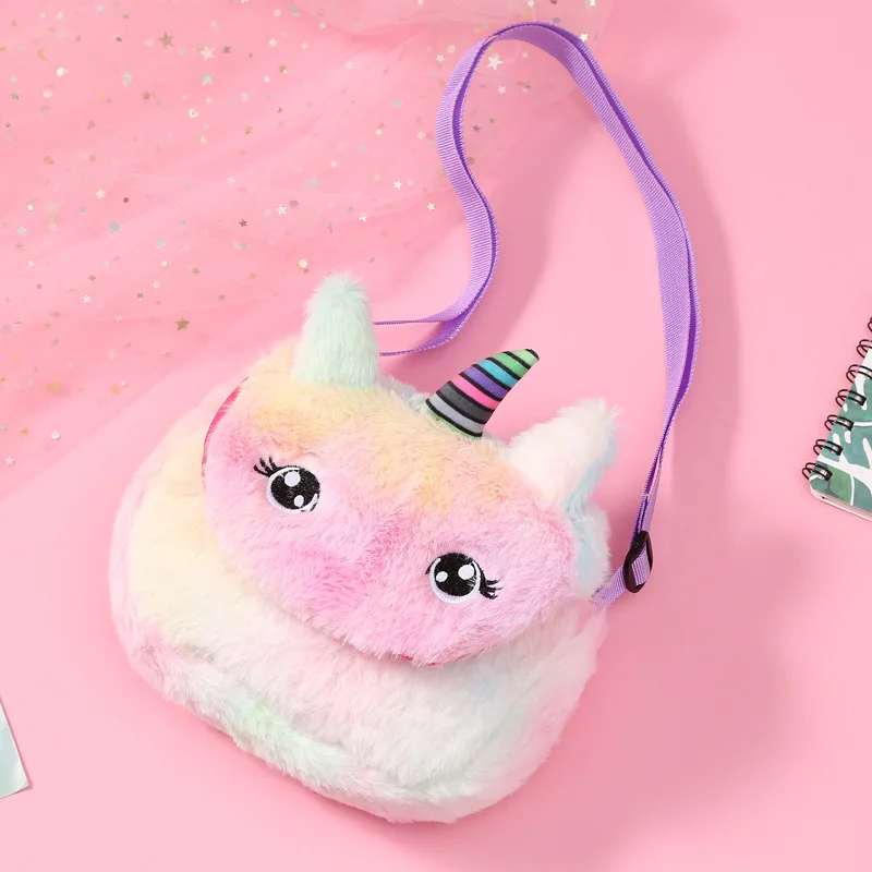 Cute Fluffy Fur Cartoon Unicorn Messenger Bag For Girls Plush Mini Rainbow Color Crossbody Bag Birthday Party Gift