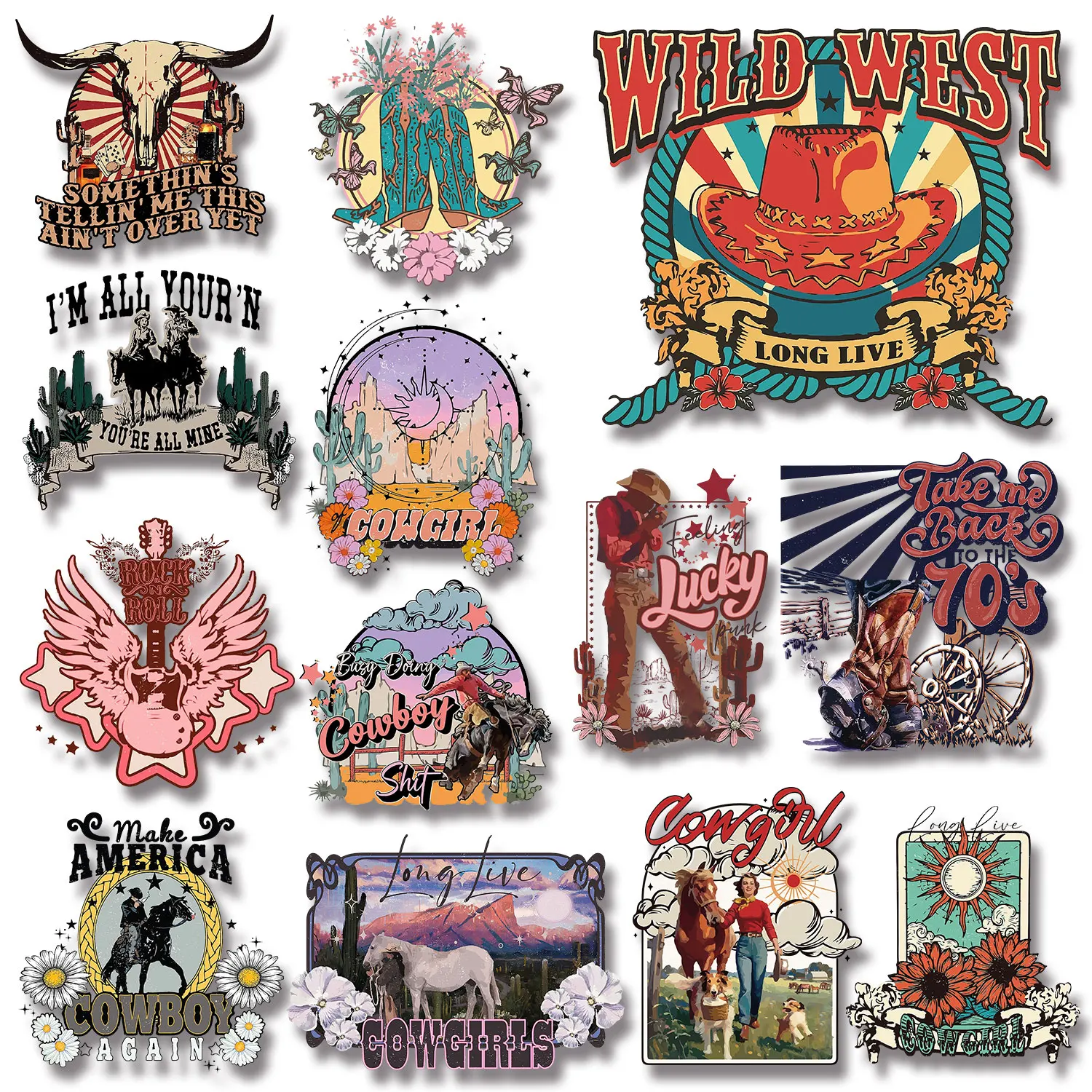 Cowboy Cowgirl Rock Roll Farm Retro Style Iron-on Transfers for Clothing Bright Color Easy to Use DIY Decoration