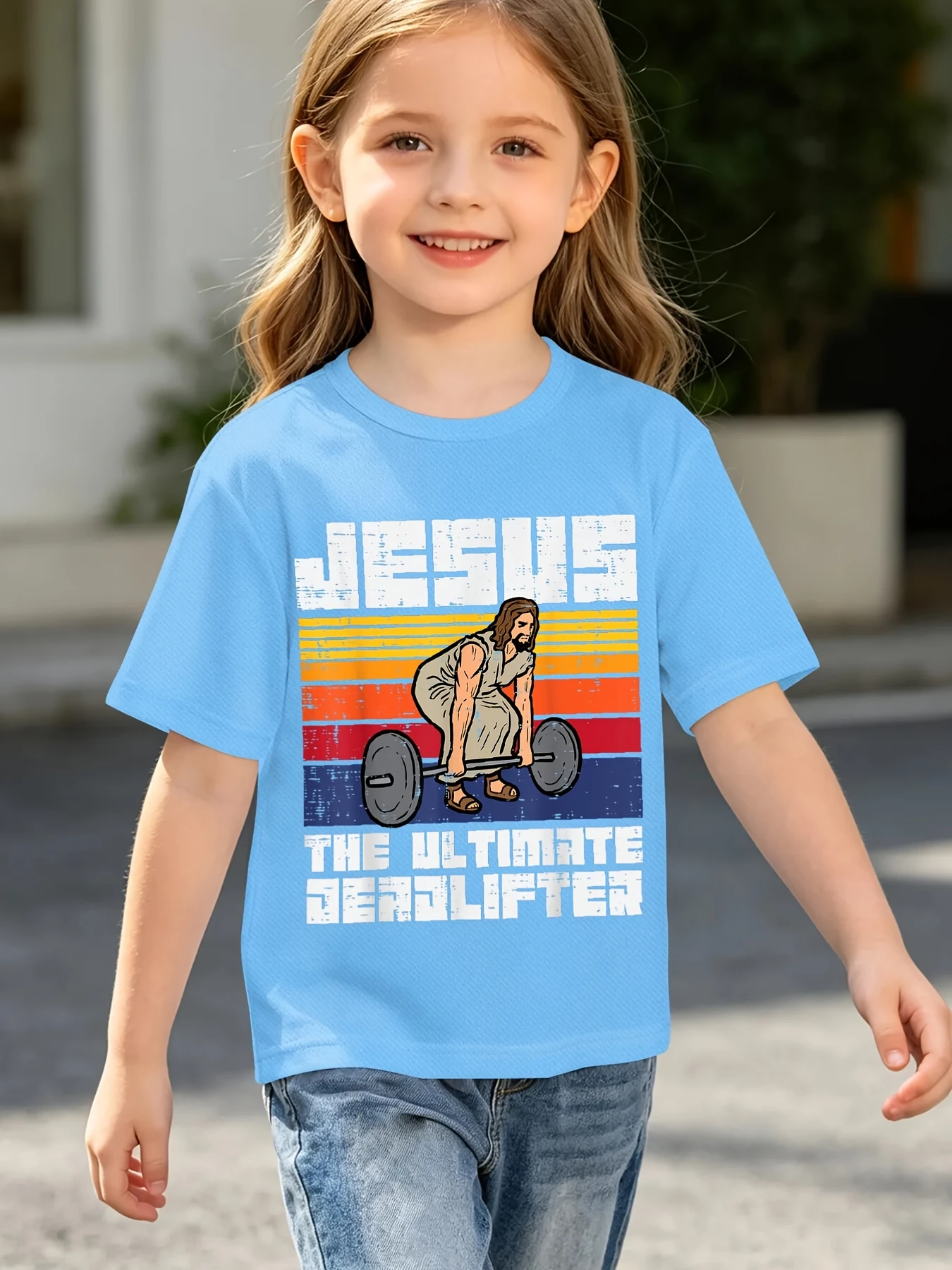 Jesus The Ultimate  Retro Striped Weightlifting Graphic Print T Shirt Family Matching Boys Girls Kids Short Sleeve Daily Tees