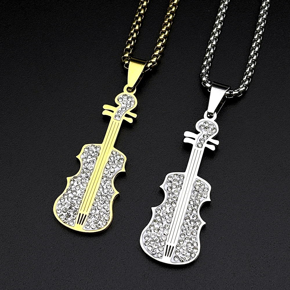 Full Rhinestone Violin Pendant Necklace Women Men Stainless Steel Gold Color Classical Music Lover Fashion Chain Jewelry Gift
