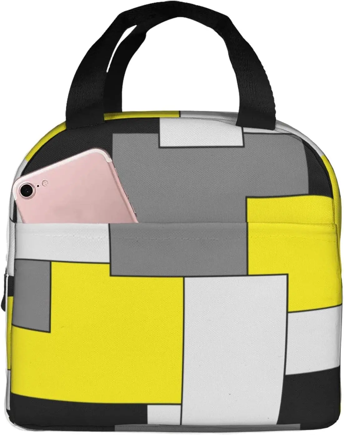 Yellow White Black Grey Geometric Lunch Bag Compact Tote Bag Reusable Lunch Box Container For Women Men School Office Work, 6l