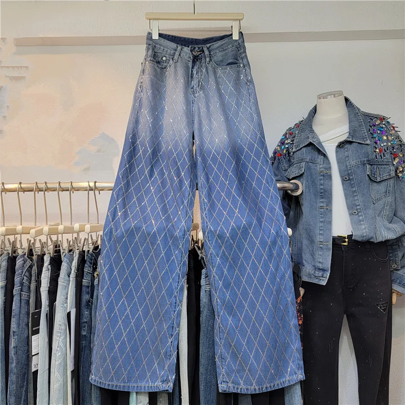 

Chic Women Hot Drilling Diamonds Beaded Denim Pants Plaids Rhinestones Jeans Wide Legs Crystals Cowboy Trousers High Waist 2025