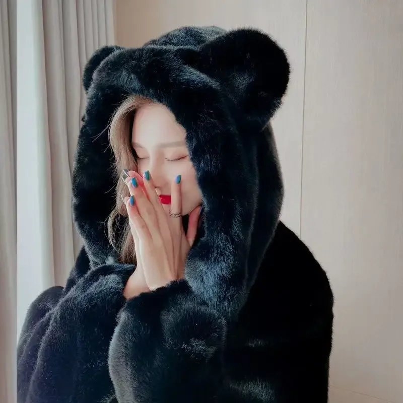 Uroczy płaszcz z pluszowymi uszami misia, damski, średniej długości, luźny, ciepły, zimowy, nowość, hit sezonu, modny i stylowy.