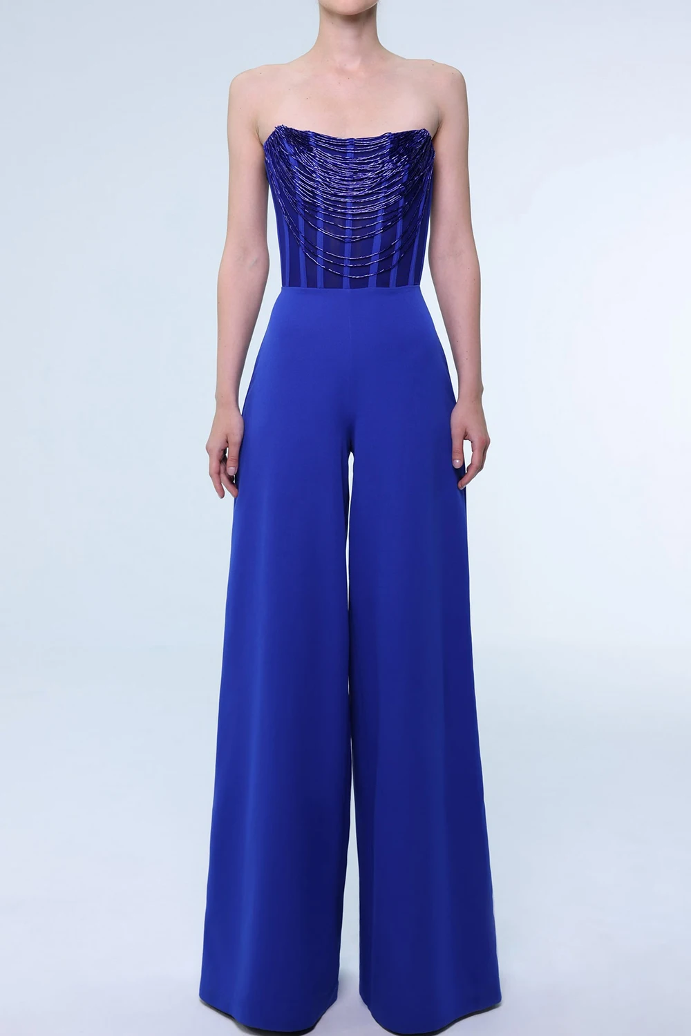 

2026 Elegant Women's Jumpsuit Royal Blue Strapless Sequin Patchwork Party Wide Leg Jumpsuits
