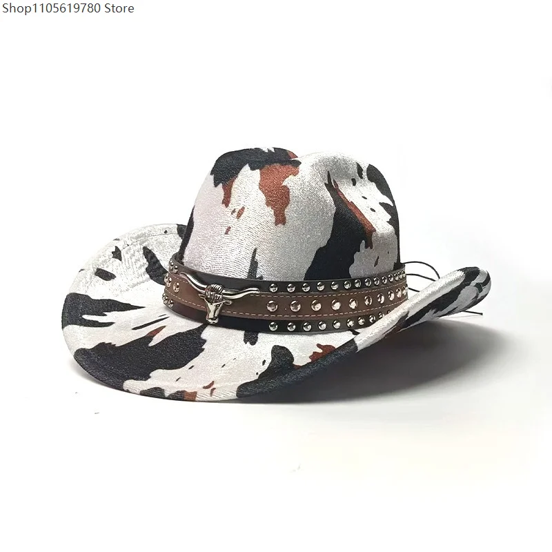 Cowboy Hat Bull Badage Men Women Classic Cow Print Wide Brim Western Travel Felt Band Decor Party Costume Fedora Roll Up Adult 2