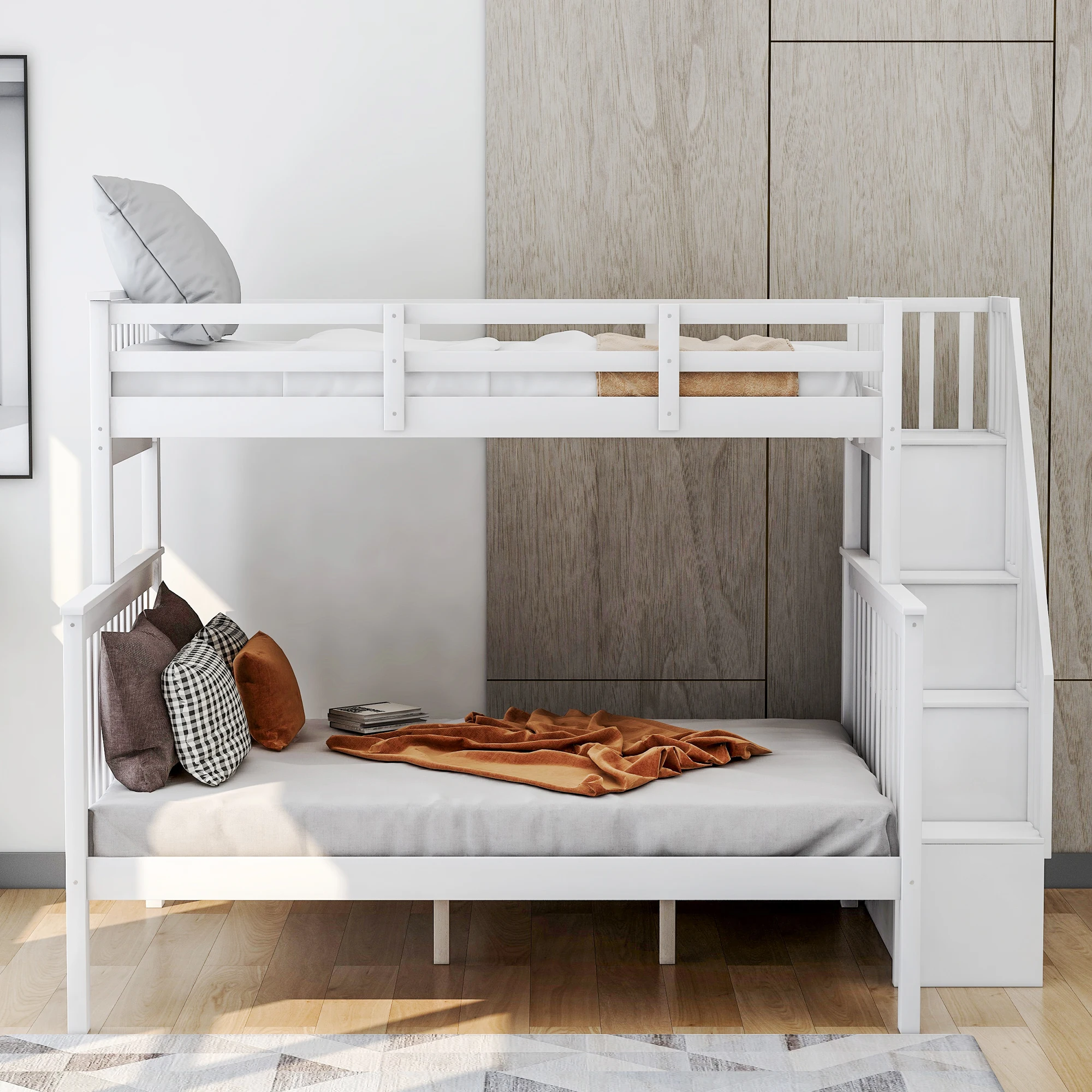 

VSOGA Stair Double Bunk Bed With Storage Space And Bedroom Rail, 91.73-54.33-61.4cm