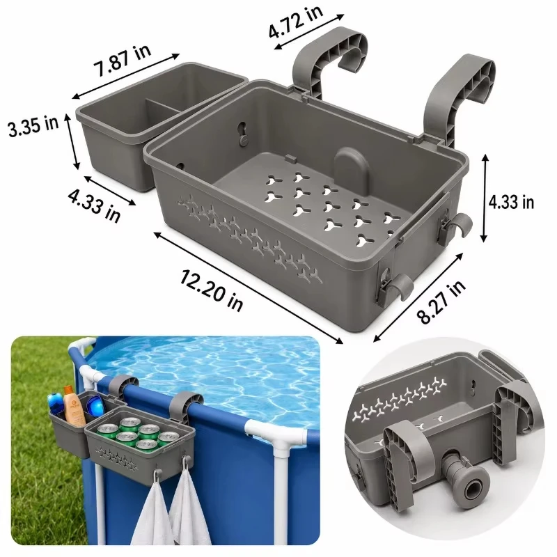 Hanging Pool Storage Basket Adjustable Clamp Pool Side Organizer Tray Drainage Design Cup Holder Towel Hook Frame Swimming Pool
