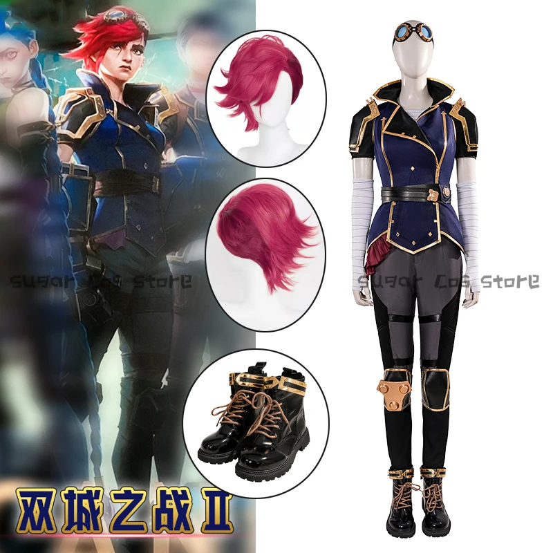 Arcane Season 2 Vi Game Cosplay Costume Battle Suit Wig Rose Red Short Hair Halloween Party Carnival Role Play Outfits Accessory