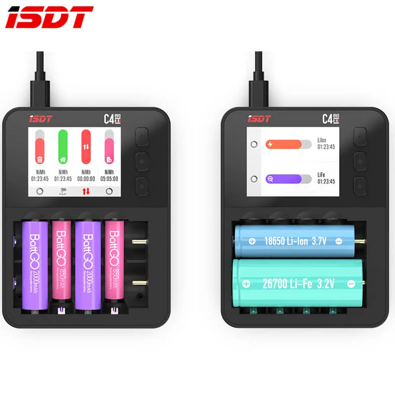 Caricabatteria intelligente ISDT C4 EVO con uscita QC3.0 di tipo C per batteria agli ioni di litio AA AAA con schermo di visualizzazione IPS