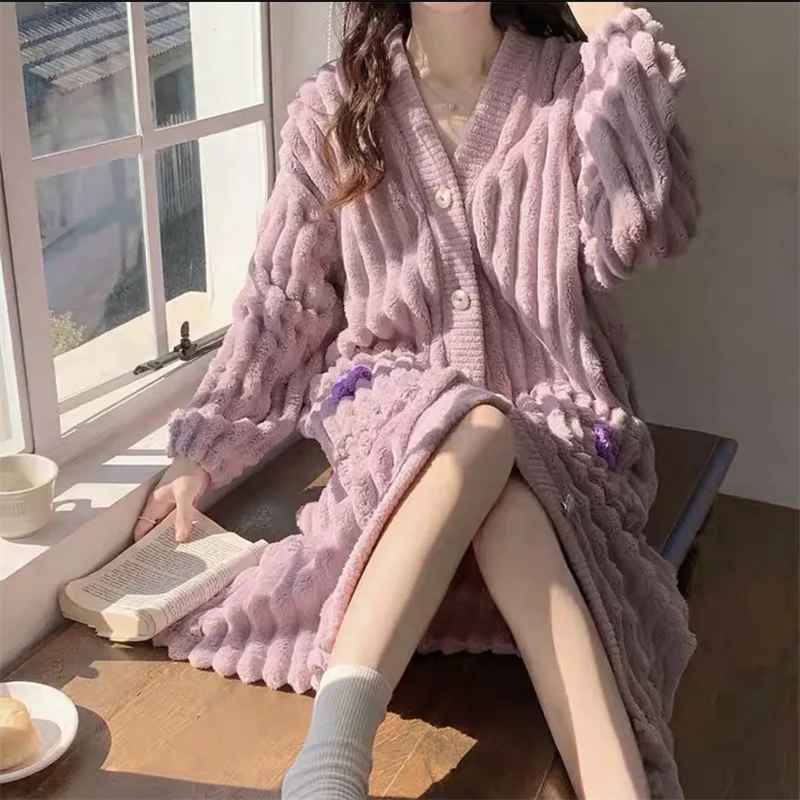 Women Coral Fleece Nightgown With A High-end Feel And Pure Desire For Style. Female Long Length Wth Sweet Thick Flannel Bathrobe