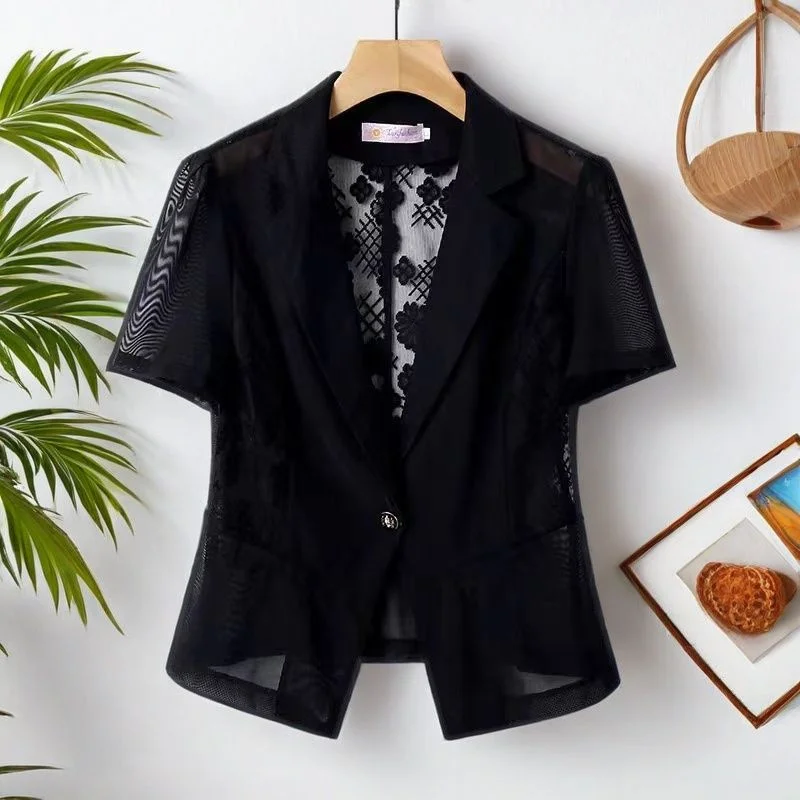 Mesh Shawl Over a Small Suit Jacket, Thin Design, 2025 Summer Fashion Lace Patchwork Casual Versatile Top For Women New
