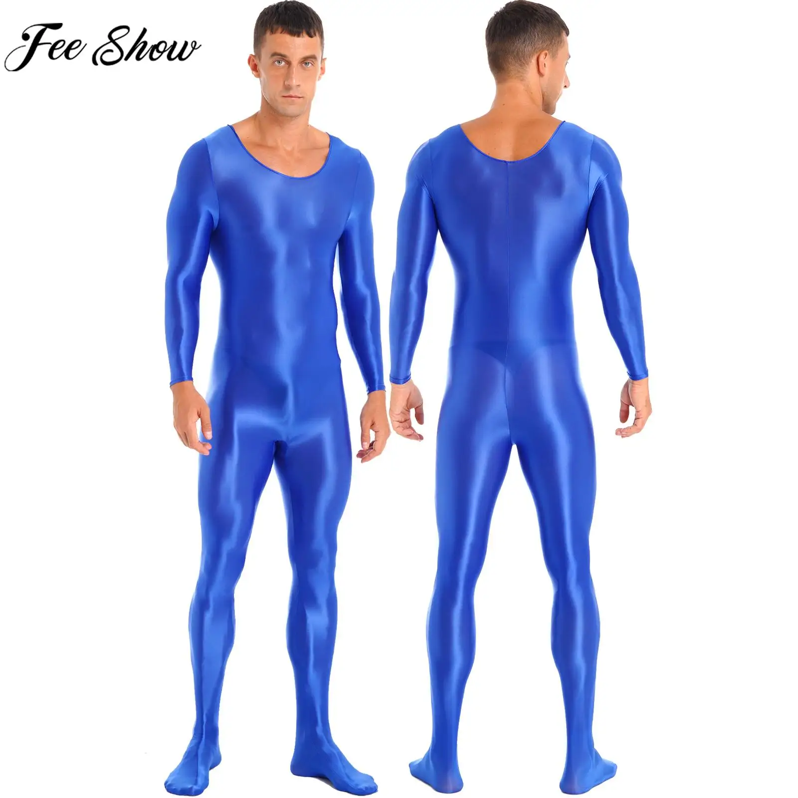 Mens Long Sleeve Glossy Bodystocking Solid Color Stretchy Bodysuit Party Nightclub Costume Clubwear Fitness Sportswear Nightwear