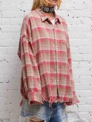 Women's Blouse 2023 New Plaid Worn-Out Single-Breasted Loose Vintage Long Sleeve Shirt