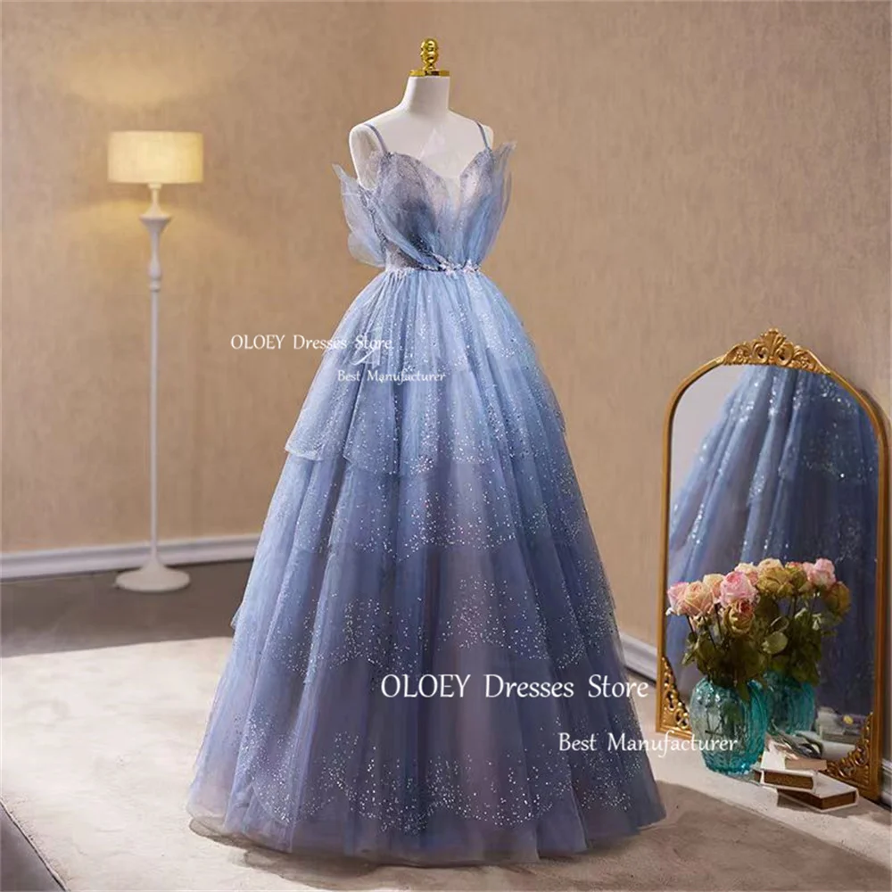 OLOEY Shiny Blue Evening Dress A Line Floor Length Beading Crystal Party Dress Spaghetti Straps Sweetheart Sleeveless Formal