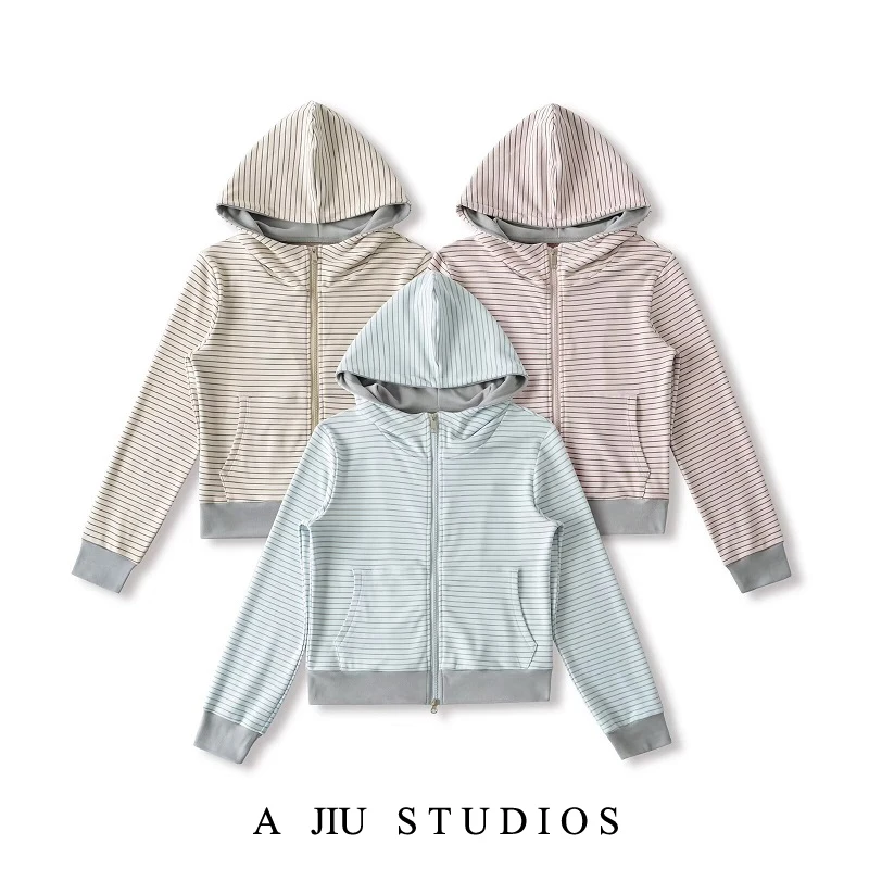 เสื้อฮู้ดผู้หญิงสไตล์เรโทรอเมริกัน แขนยาว ลายทาง ทรงเข้ารูป เสื้อคลุมคาร์ดิแกน สวมใส่สบายๆ สำหรับฤดูใบไม้ร่วง