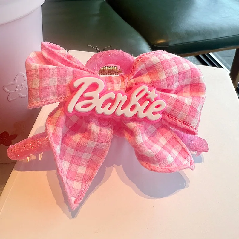 Kawaii Cartoon Anime Cute and Sweet Barbie Plaid Bow Hair Catch Dopamine Pink Hair Shark Clip Hairpin Hair Accessory