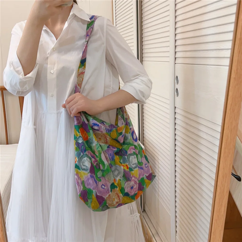 Vintage Floral Canvas Shoulder Bag for Women Simple Handbag Large Casual Capacity Shopper Tote Bags