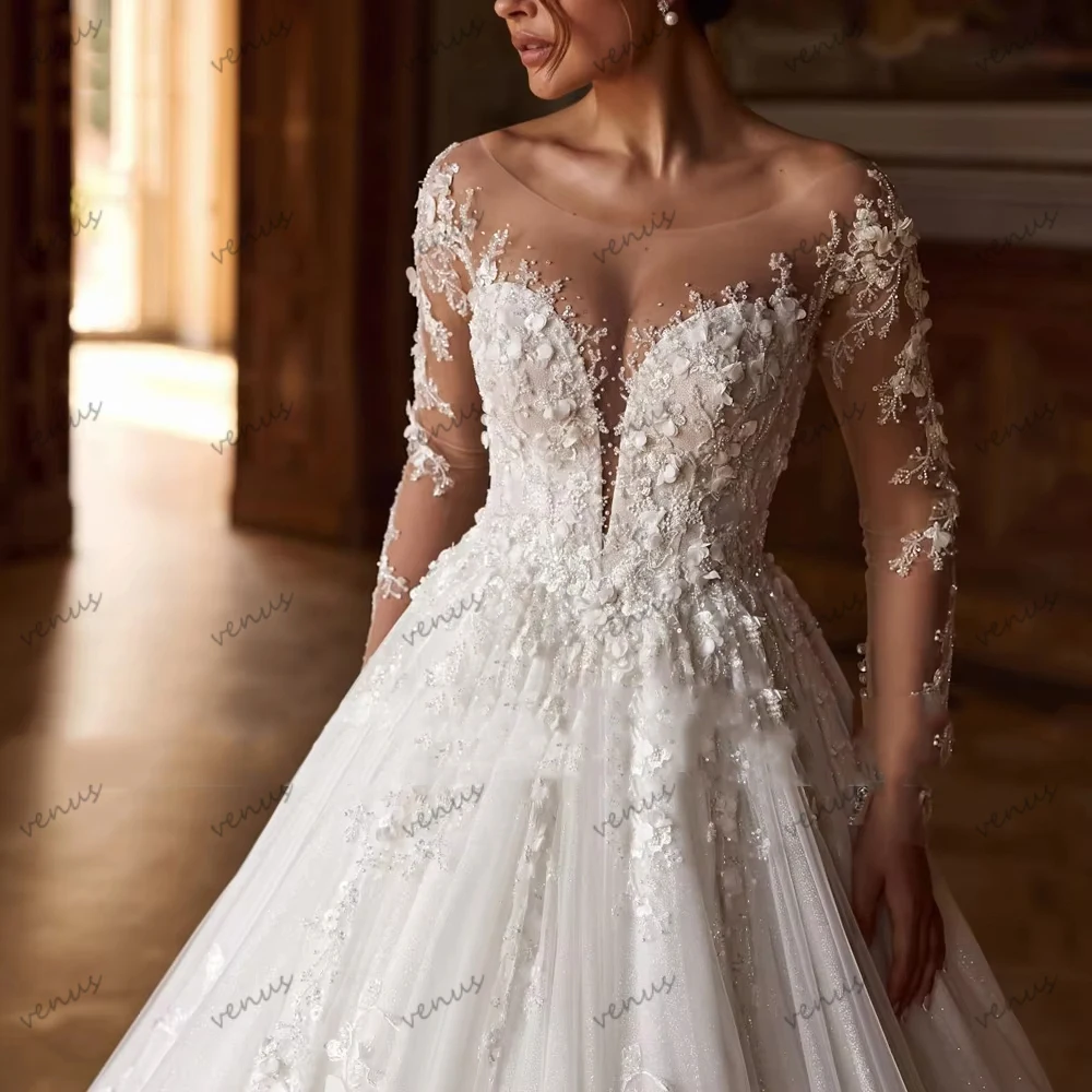 Abiti da Sposa Glamour, Vestiti Nuziali Vintage con Applicazioni in Pizzo, Maniche Lunghe, Eleganti e Personalizzabili, Vestidos De Novia