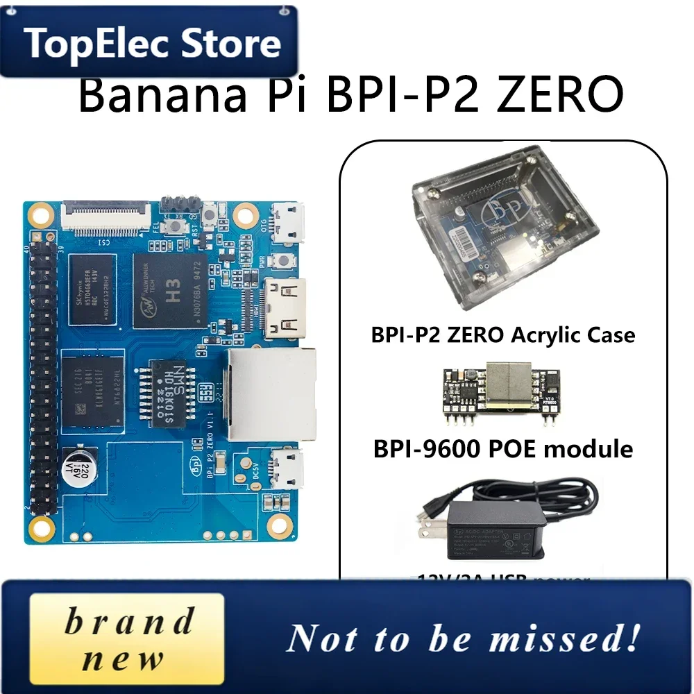 TopElec Banana Pi BPI-P2 Zero With Case Power POE Allwinner H3 Quad-core Cortex-A7 512M DDR3 8G EMMC Support PoE Run OS Android