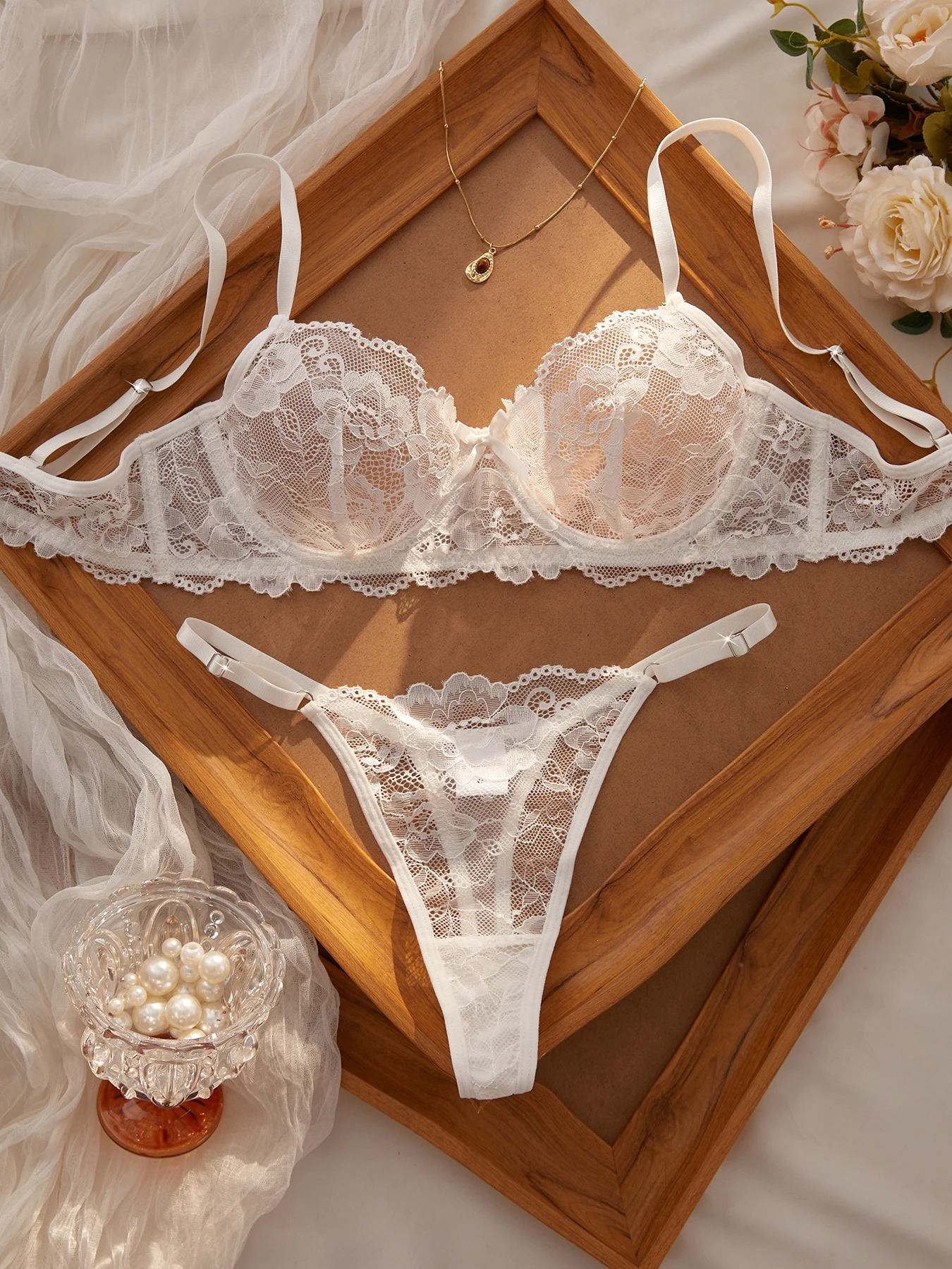 Conjunto de Lingerie Sexy em Renda Floral para Mulheres, Conjunto de Sutiã Ultra-Fino de 2 Peças com Calcinhas para Senhoras