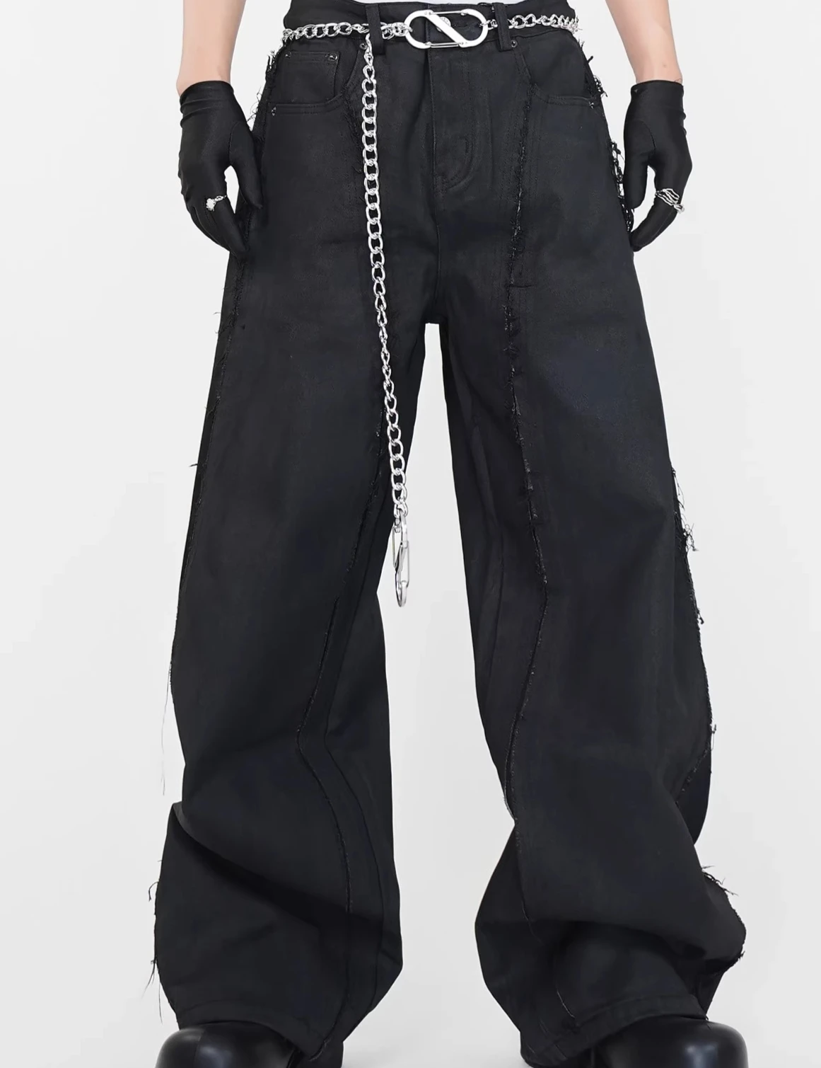 Men's 2025 Four Seasons Wear High-End Tassel Curved Jeans Loose Waist Chain Denim Trousers Wide-Leg Straight Long Denim Pants