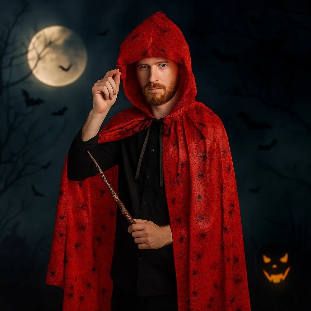

Fashion Bloodstain Halloween Costume Cosplay Props Plaid Funny Halloween Death Cloak with Cap Party Dark Spider Web Cape Kids