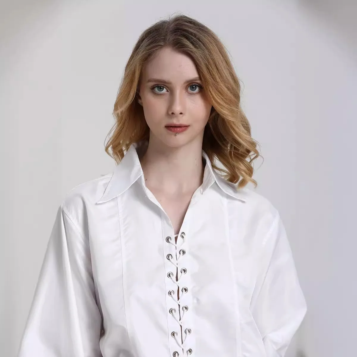 Sexy Bandage Women's Shirt Long Sleeve Lapel Loose White Female T-shirt 2025 Spring Summer Street Fashion Hollow Out Lady Tops