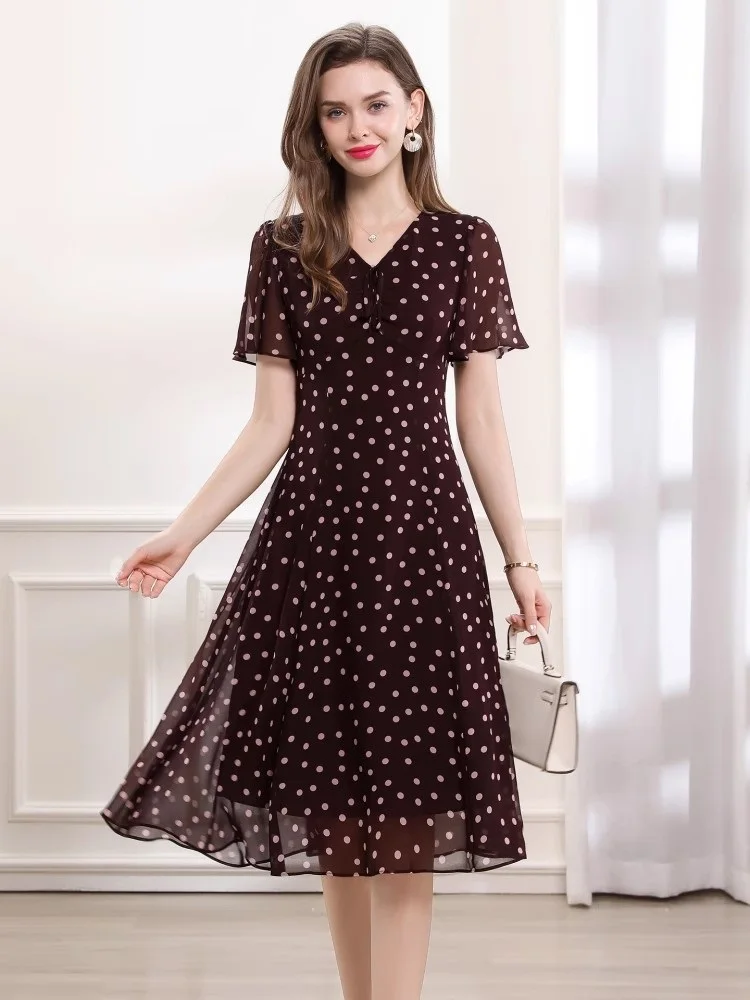 

High Quality New Chiffon Dress 2025 Summer Women V-Neck Polka Dot Prints Short Sleeve Mid-Calf Party Elegant Dress Female 3XL