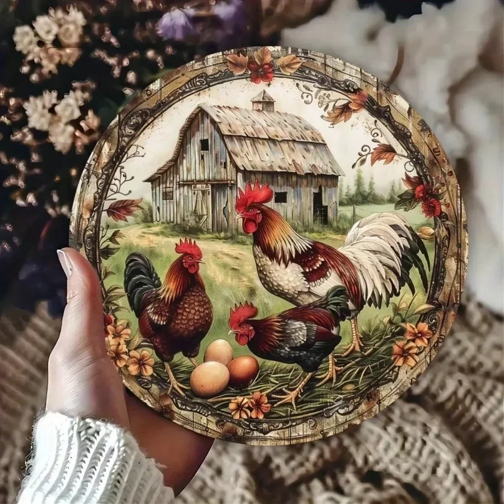 2D Vintage Bauernhaus Huhn Wandskulptur 8x8" | Weißblech, Eier und Blumen, Halloween- und Weihnachtsgeschenk, Heimdekoration, lokale Lieferung