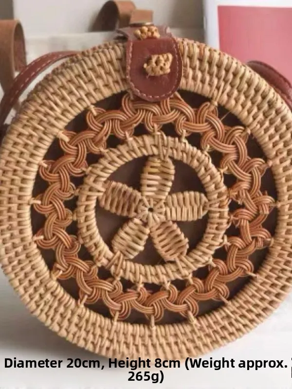 Rattan And Bamboo Woven Shoulder Bag Ladies Crossbody Vacation Casual Retro Style Small round Bag Versatile for Traveling