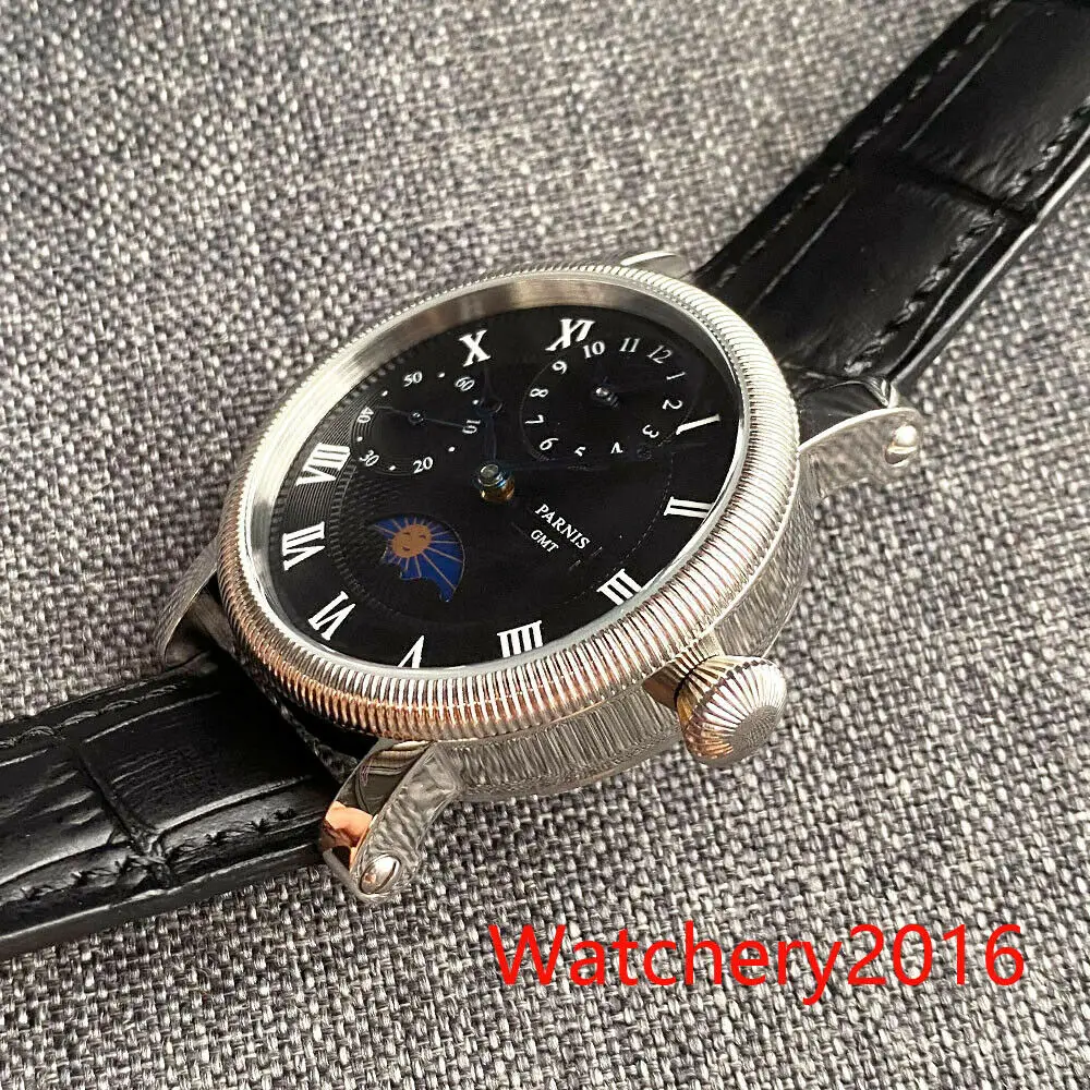 Parnis New Multifunction Manual Mechanical Watch Black Dial Month Year Function Steel Mens Watch Leather Strap