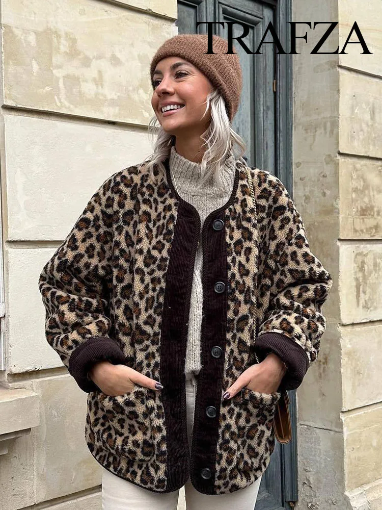 TRAFZA Women Vintage Chic Leopard Print Warm Wool O-neck Single Breasted Pockets Loose Jackets Winter Female Streetwear Mujer