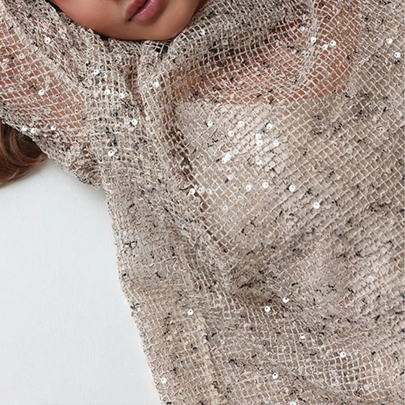 OMSJ Sequin Perspective Full Sleeve Loose Style Pullovers Solid Color Hollowed Casual Sexy Cover Up Tops Women's Club Streetwear