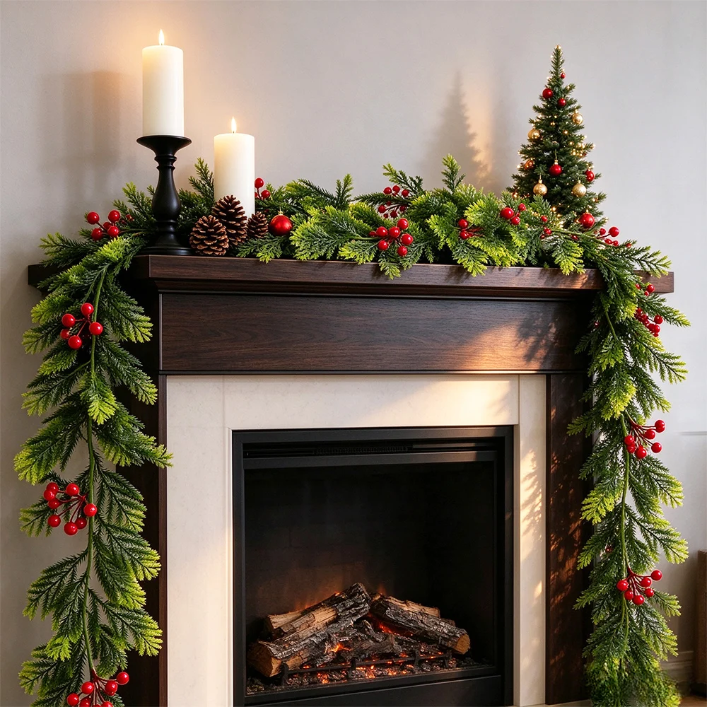 175cm Fake Christmas Pine Vine Artificial Hanging Plant Vines Faux Xmas Red Fruit Garland Plastic Pine For Home New Year Decor