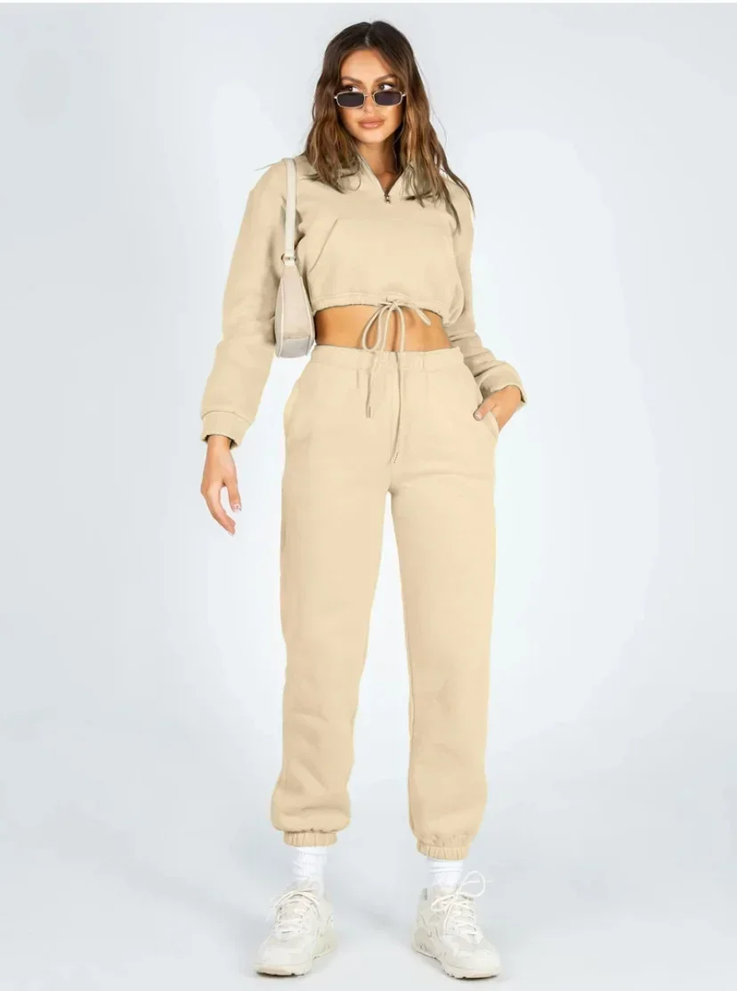 Women Pants Set Two Piece Sets Stand Collar Zipper Thick Short Tops Loose Tracksuit Sport Long Straight Drawstring Autumn Winter