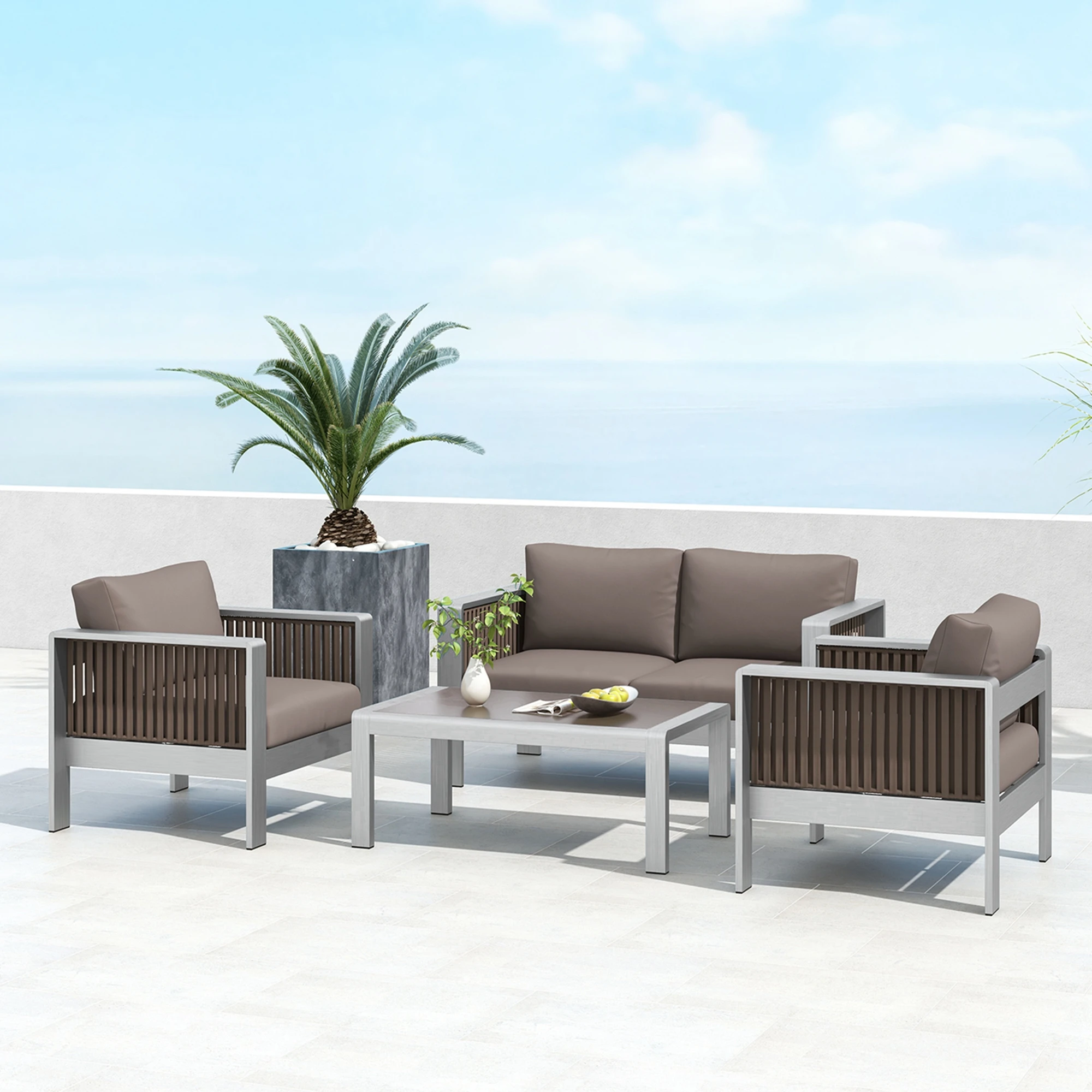 4 PCS Aluminum Patio Furniture Set with Thick Cushions & Tempered Glass Tabletop