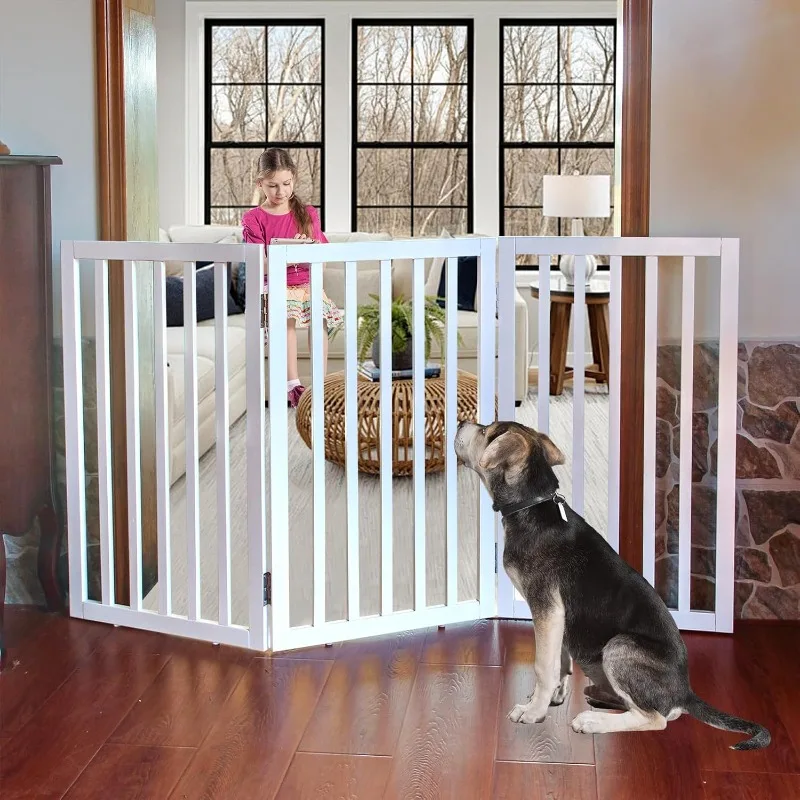 

Freestanding Indoor Dog Gate for House Foldable Wood White Puppy Gate for Doorways Pet Gate for Stairs Extra Wide Pet Fence