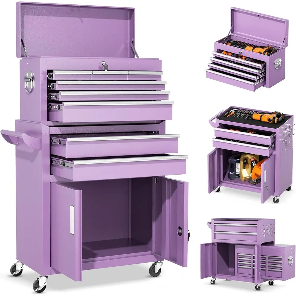

42 Inch Rolling Tool Chest with 8 Drawers, Detachable Top, Purple, Ideal for Workshops and Storage Customized