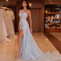 Luxury Shiny Sequin Tulle Light Blue Satin Women Wedding Prom Dress Sweetheart Floor Length Side Split Sleeveless Sexy Elegant