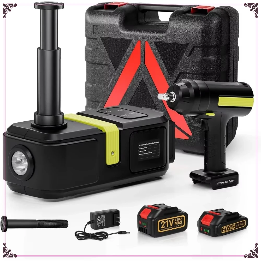 All-in-One 5-Ton Electric Hydraulic Jack Kit. Cordless Portable Design with Lithium Battery for Quick Tire Change.