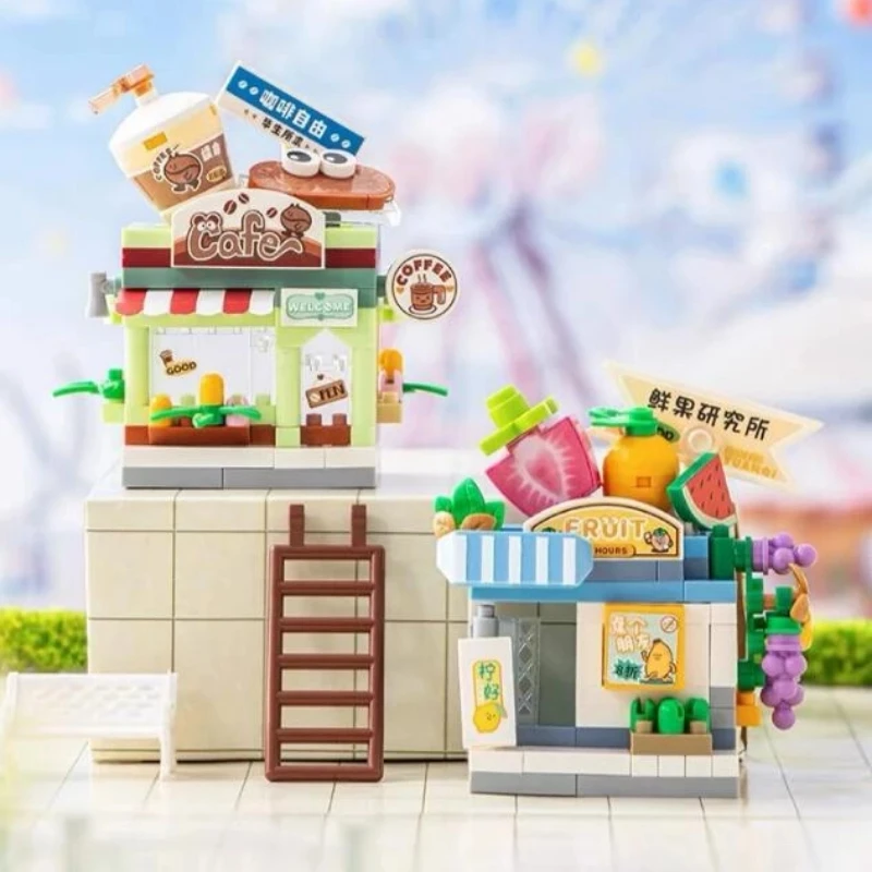 Genuine Restaurant Dessert Coffee Pet Fruit Store Street View Food House Building Blocks Kit Girls Bricks Model Child Cute Gifts