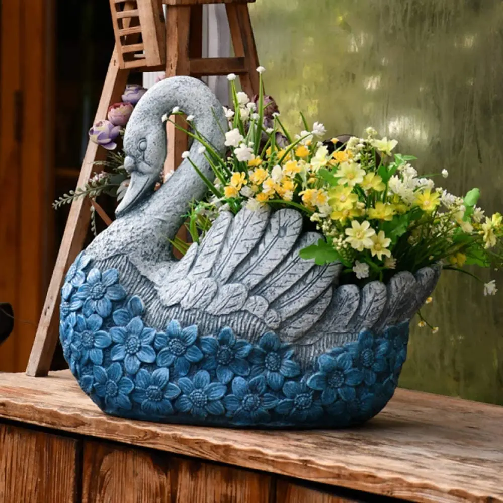 

Blue Swan Plant Pot – Large Hand-Cast Stone Planter with Embossed Design, Heavy Garden Ornament & Flower Basket Decor for Patio