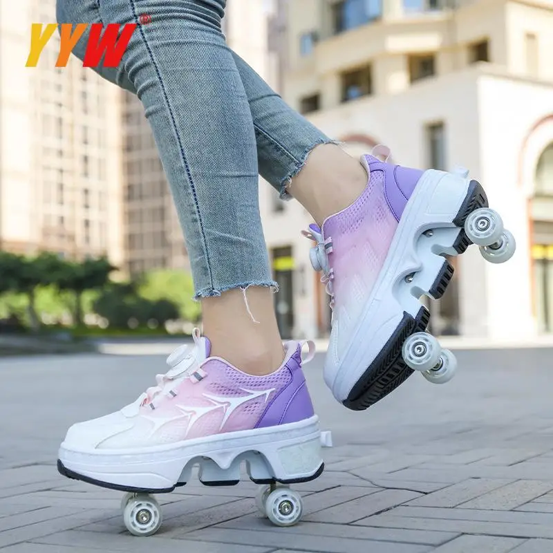 Zapatos de patinaje de doble uso de cuatro ruedas, zapatillas casuales de doble fila para estudiantes, zapatos deportivos para caminar y correr para