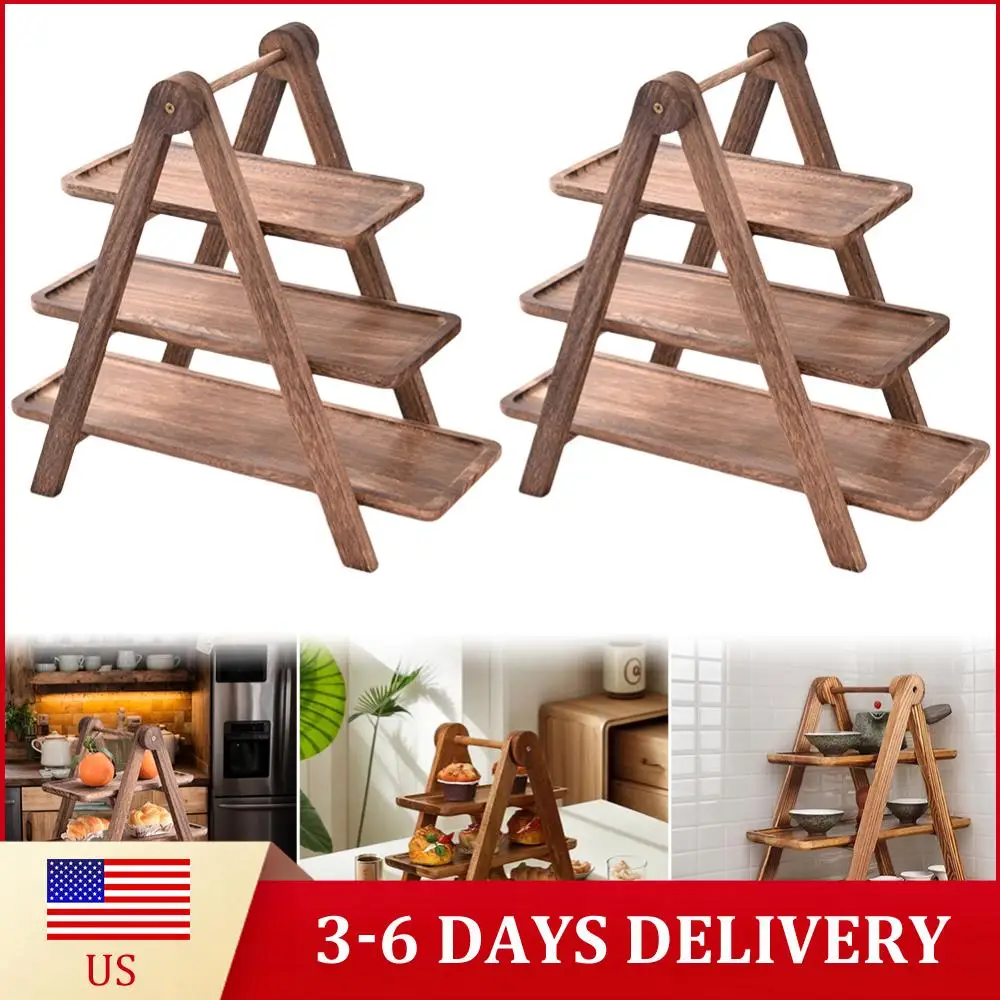 

Набор из 2 деревянных сервировочных подносов, 3-ярусная многофункциональная подставка для еды, складная полка для хранения продуктов для свадеб и вечеринок