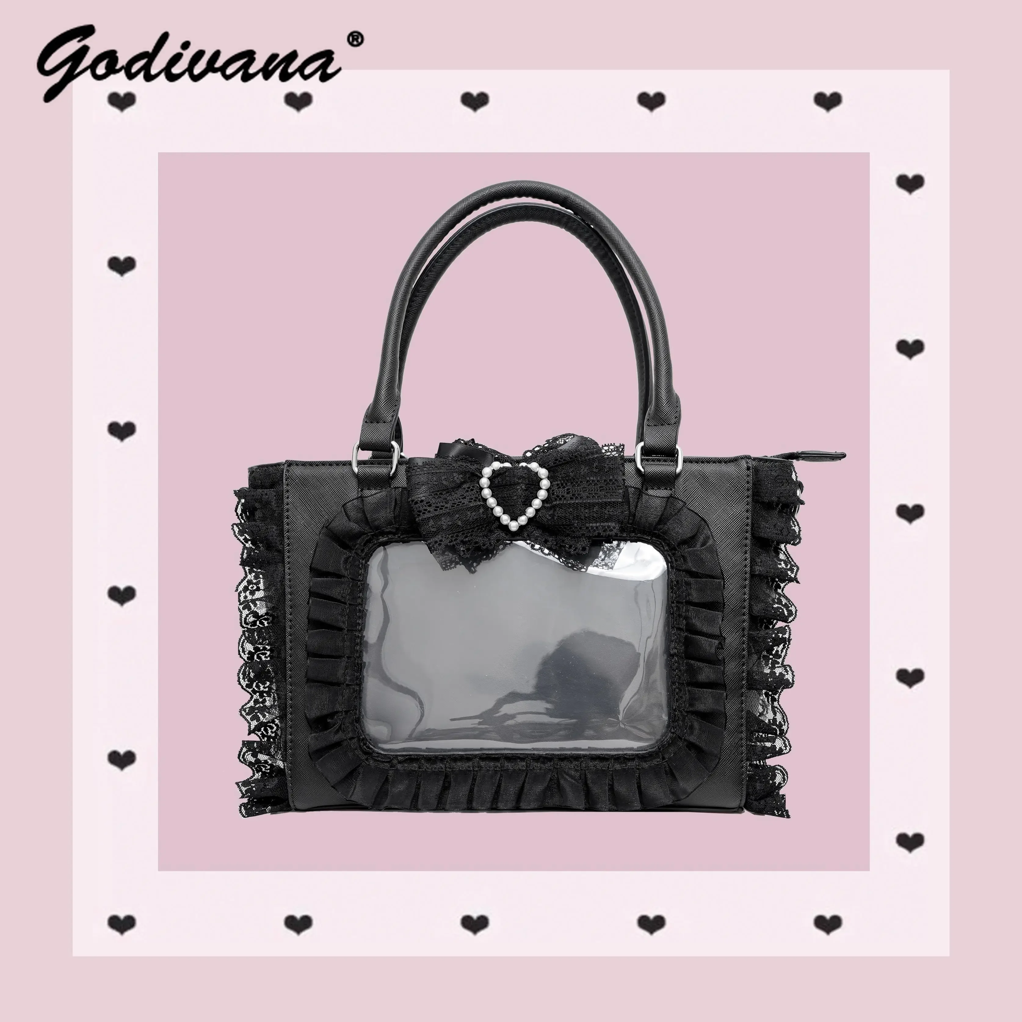 Japanese Mine Series Mass-produced Lace Bow 2way Itabag Lolita Girl Women\'s Sweet Tote Bag Black and White Handbags